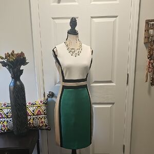 Calvin Klein Green, Cream and Black Slimming Pencil Dress, Size 4.